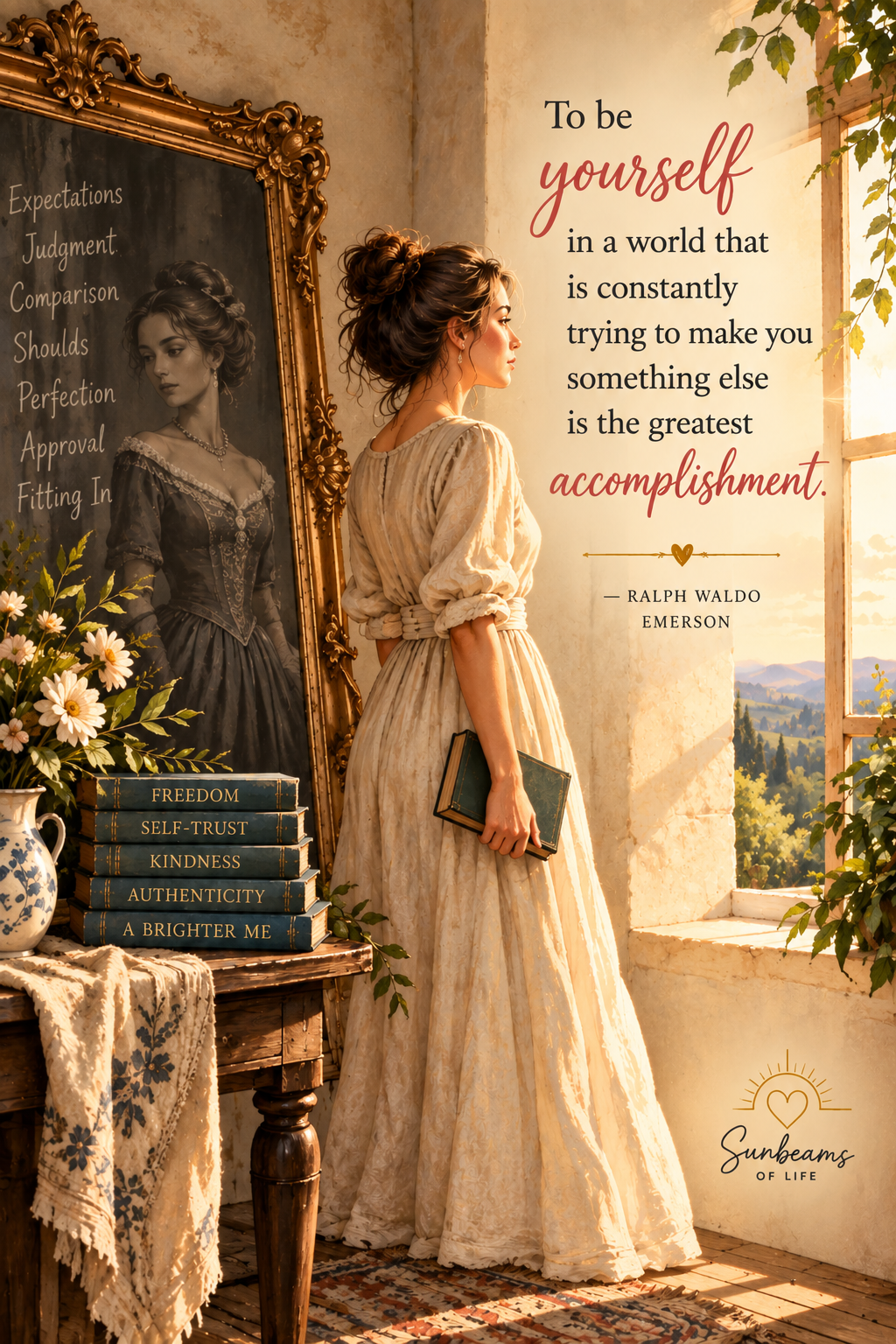 A woman stepping beyond an ornate gilded frame into warm sunlight, representing the courage to remain herself.