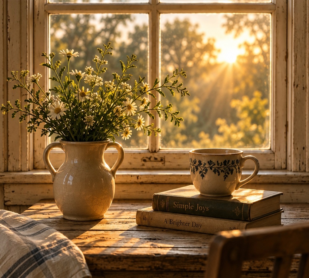 A farmhouse table with flowers, books, and morning light