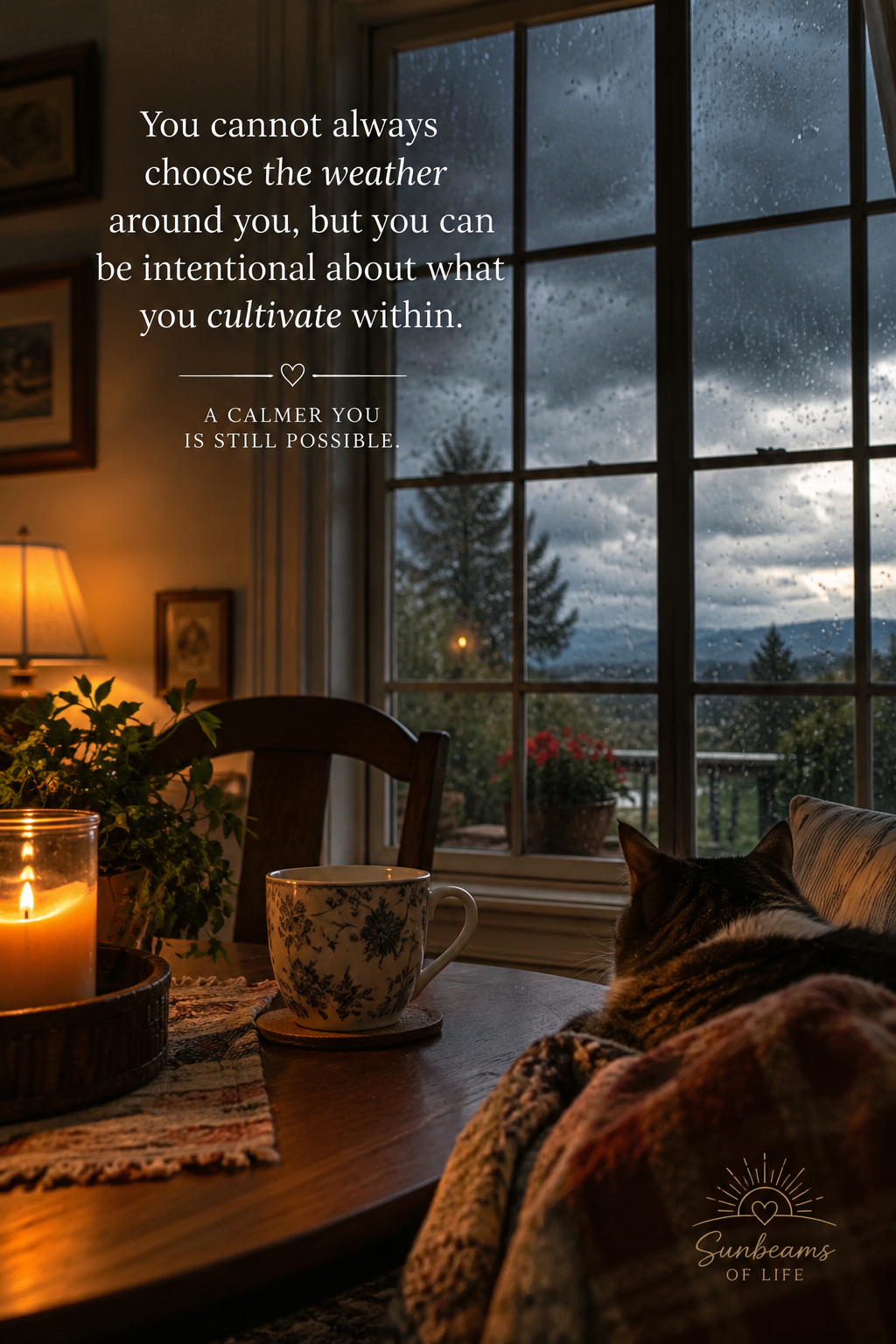 A quiet room with a candle, tea, a resting cat, and a rainy mountain view, with a message about choosing the climate within.