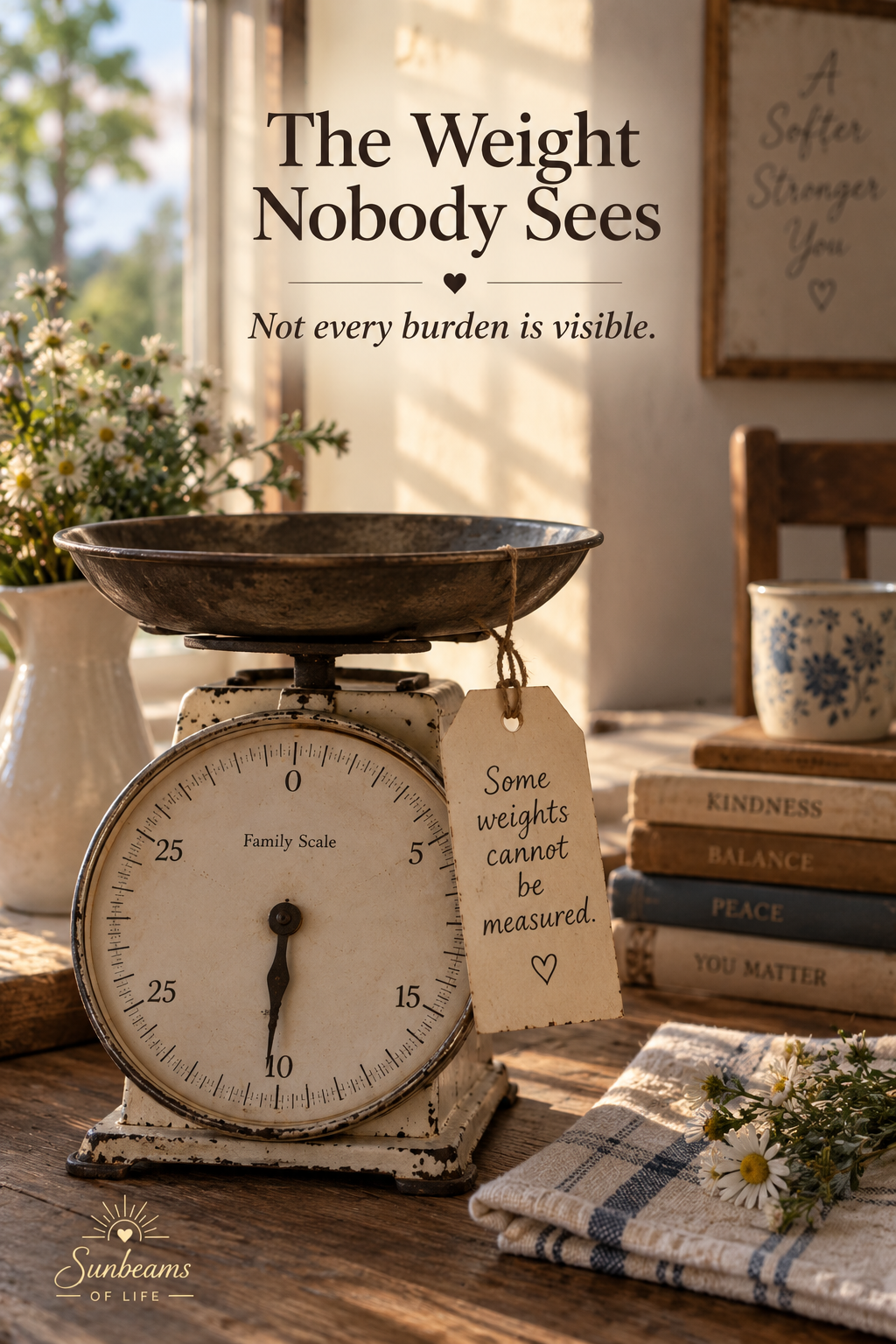 A vintage farmhouse scale representing unseen burdens, with the message The Weight Nobody Sees. Not every burden is visible.