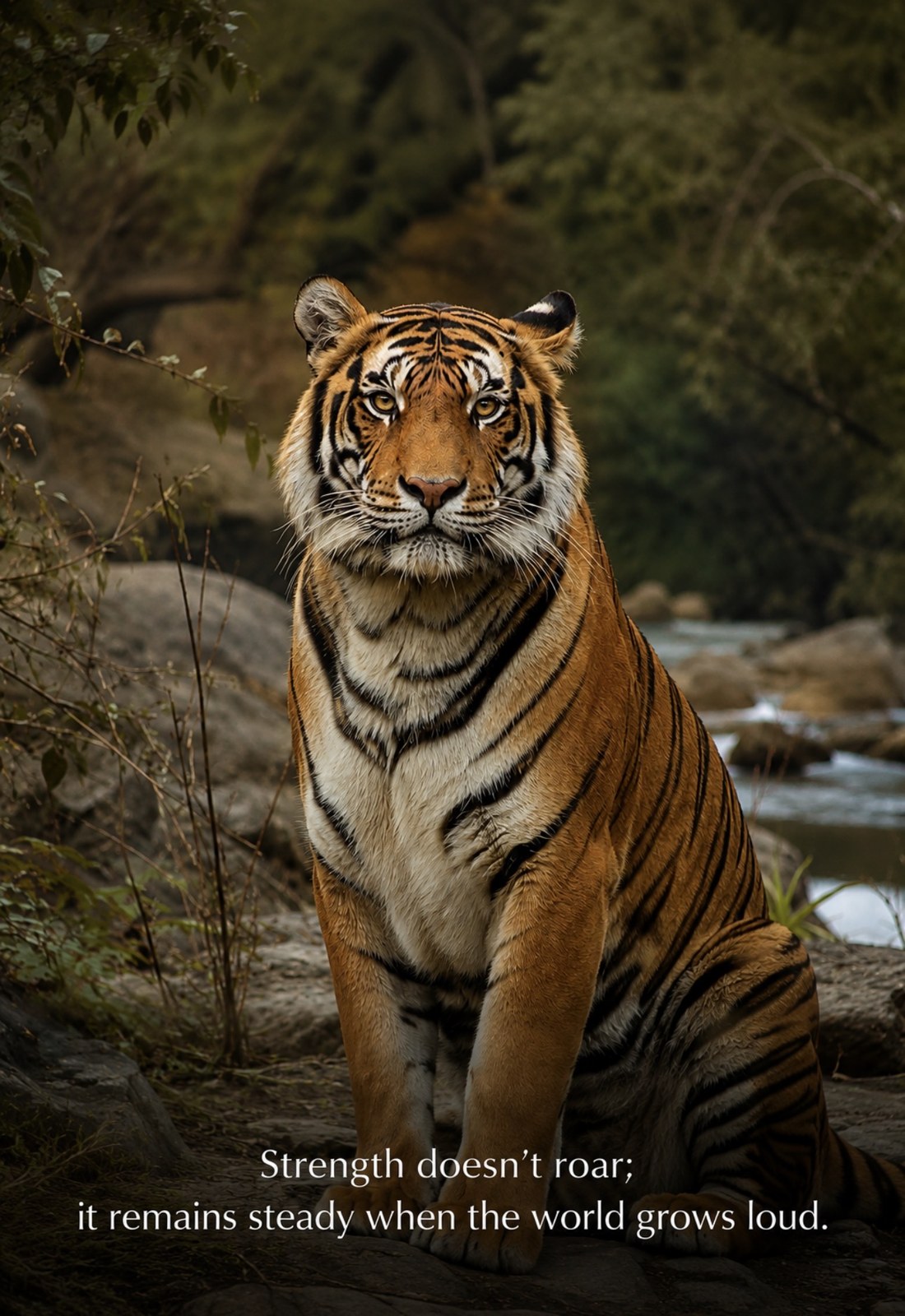 A tiger sitting calmly beside a stream with the words Strength doesn’t roar; it remains steady when the world grows loud.