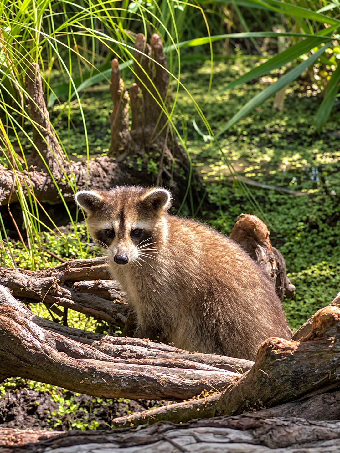 A curious raccoon resting among mossy branches and green wetland foliage