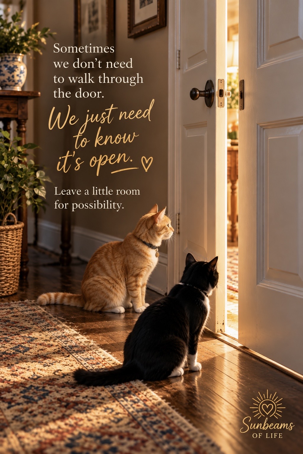 Two cats sitting before a partly open interior door glowing with warm light, with a message about not needing to walk through every door.