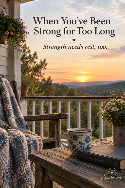 A quiet porch at sunset with a rocking chair, warm cup, and the message When You’ve Been Strong for Too Long. Strength needs rest, too.
